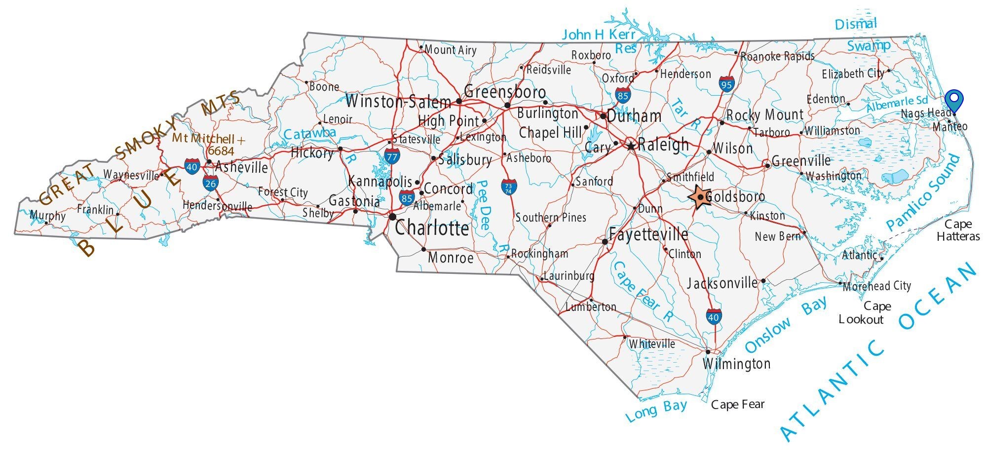 How far is the outer banks from Goldsboro NC map