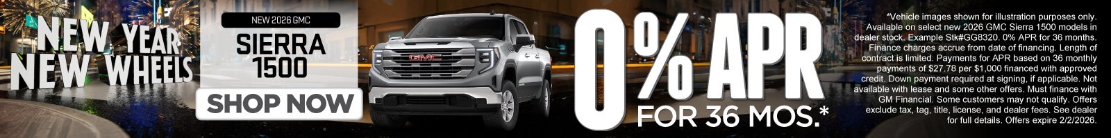 New 2026 GMC Sierra 1500	0% APR for 36 months