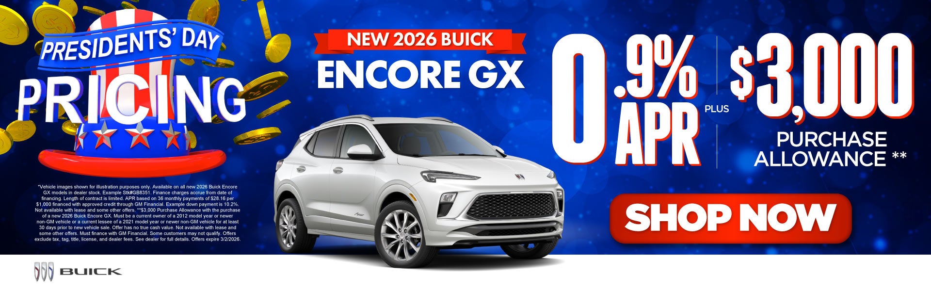 New 2026 Buick Encore GX	"0.9% APR* PLUS $3,000 Purchase Al