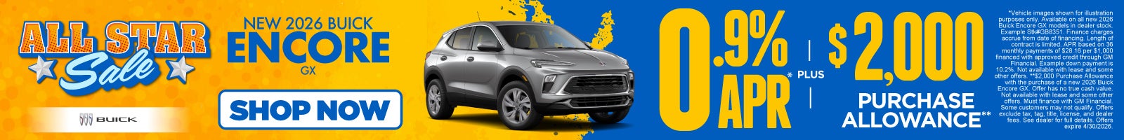 New 2026 Buick Encore GX	"0.9% APR* PLUS $2,000 Purchase Allowance**"